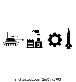 Una colección de iconos vectoriales planos que representan Elementos militares e industriales: un tanque, una fábrica, un engranaje y un misil, aislados sobre un fondo blanco.