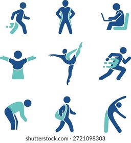Collection of flat vector icons depicting active people in motion, including running, dancing, working on a laptop, and stretching. Modern blue and teal silhouettes representing fitness, productivity, lifestyle, and human movement for web and graphic design.