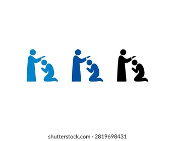 A collection of flat vector icons depicting a spiritual leader performing a blessing ceremony on a kneeling devotee in blue and black colors.