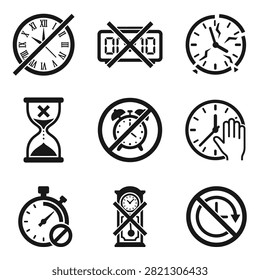 A collection of flat vector icons depicting various clocks and time-keeping devices with prohibition signs, representing concepts of restricted time, delays, or broken schedules.