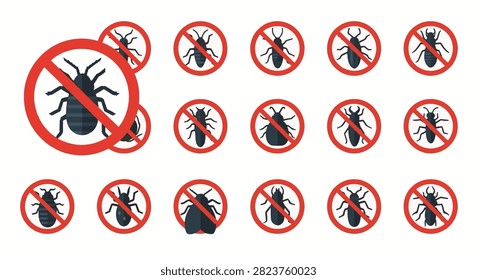 Collection of flat vector icons depicting various household pests and insects, including bed bugs, beetles, and flies, inside red prohibition stop signs on a white background.