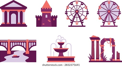 A collection of flat vector icons depicting various landmarks, buildings, and recreational structures including a castle, bridge, and ferris wheel.