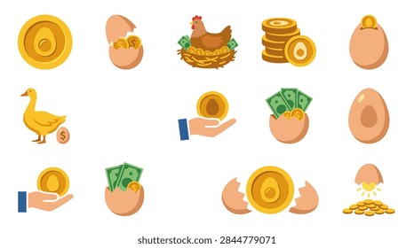A collection of flat vector icons depicting golden eggs and wealth