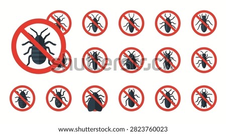 Collection of flat vector icons depicting various household pests and insects, including bed bugs, beetles, and flies, inside red prohibition stop signs on a white background.