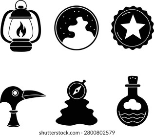 Collection of Flat Vector Icons Featuring Lantern, Night Sky, Star, Bird, Compass, and Magic Potion Bottle