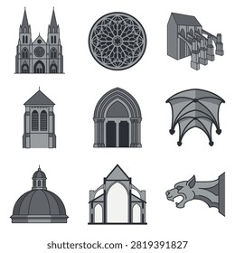 A collection of flat vector icons featuring various Gothic architecture elements including cathedrals, stained glass rose windows, arches, flying buttresses, vaults, and gargoyles.