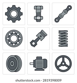 A collection of flat vector icons featuring various mechanical components including gears, fasteners, bearings, pistons, springs, and industrial motors.