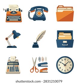 A collection of flat vector icons featuring vintage office supplies including a typewriter, telephone, file folders, lamp, quill pen, calculator, scissors, stapler, and clock.