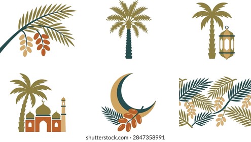 A collection of flat vector icons featuring palm trees, date fruits, Islamic lanterns, crescent moons, and mosque architecture for Ramadan designs.