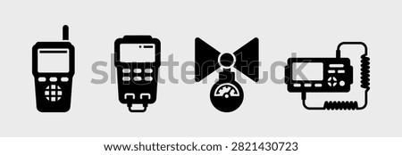 A collection of flat vector icons featuring various industrial electronic devices, handheld measurement tools, and diagnostic instruments on a neutral background.
