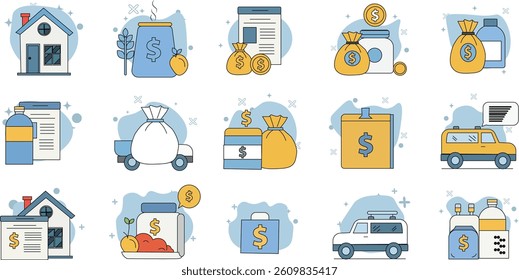 Collection of flat vector icons focusing on finance and real estate themes, presented in a soft pastel color palette. This set includes icons of houses, money bags, dollar signs, containers, vehicles
