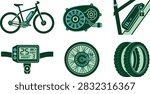 A collection of flat vector icons illustrating components of an electric bicycle, including the bike frame, motor, battery, display, wheel, and tires.