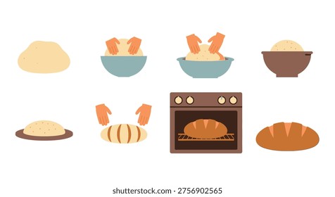 Collection of flat vector icons illustrating the stages of baking bread, from raw dough to fresh loaf.