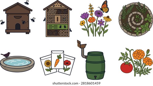 A collection of flat vector icons illustrating sustainable gardening practices including a beehive, insect hotel, pollinator flowers with a butterfly, herb spiral, birdbath, seed packets, rain barrel, and companion planting tomatoes with marigolds. This set is ideal for ecology blogs, landscaping business branding, organic farming infographics, and environmental education.