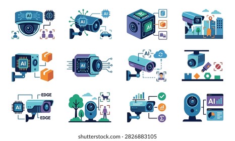 A collection of flat vector icons illustrating smart security cameras with embedded artificial intelligence chips performing real-time object analytics.