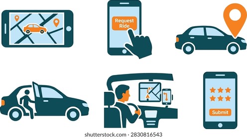 A collection of flat vector icons illustrating the process of booking, riding, and rating a ride-sharing service using a smartphone application.