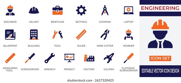 A collection of  flat vector icons related to engineering and industrial design. This set includes icons of engineer, safety helmet, blueprint, compass, factory, wrench, screwdriver, caliper, drafting