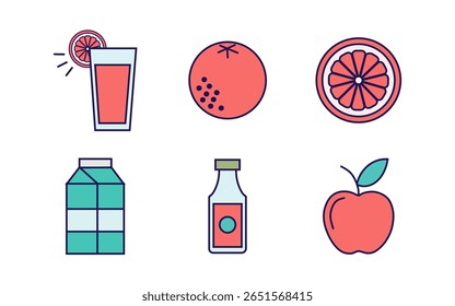 Coleção de ícones vetoriais planos relacionados com bebidas e frutas saudáveis. Inclui ilustrações de suco de citrinos em vidro, frutas fatiadas, frutas completas, caixa de leite, garrafa de suco e maçã. Perfeito para comida 