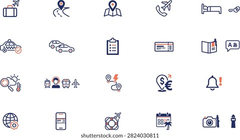 A collection of flat vector icons related to travel, tourism, and vacation planning, featuring symbols for flights, hotels, transportation, currency, and sightseeing, isolated on white background.