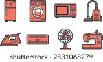 A collection of flat vector icons representing various household appliances including a refrigerator, washing machine, microwave, vacuum, iron, air conditioner, fan, and sewing machine.
