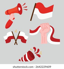 A collection of flat vector icons representing Indonesian Independence Day celebration. Includes red and white flags, clenched fist with ribbon, megaphone, confetti, and patriotic elements