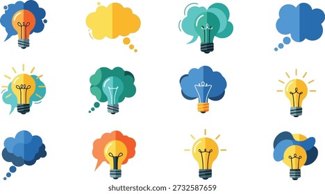 A collection of flat vector icons representing innovative ideas, creative thinking, and problem-solving, using lightbulbs, brains, and thought clouds.