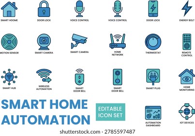 A collection of flat vector icons representing various smart home automation devices and security systems.