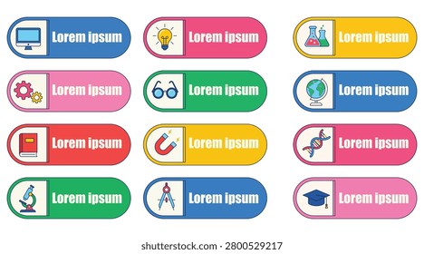 Collection of flat vector icons representing various school subjects and academic disciplines with customizable text labels on colorful rounded buttons.