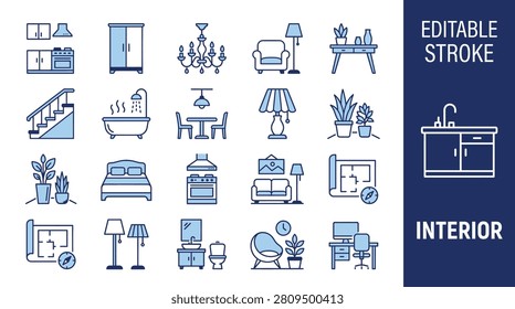 A collection of flat vector icons representing various interior design elements, furniture, and home decor items with editable strokes.