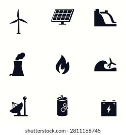 A collection of flat vector icons representing various energy sources and power technologies, including renewable and non-renewable energy symbols.