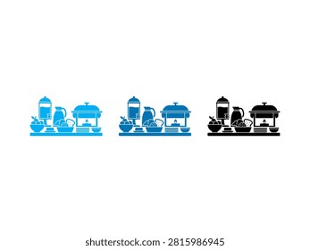 A collection of flat vector icons representing a professional catering buffet setup with food warmers drink dispensers and serving bowls in multiple color variations