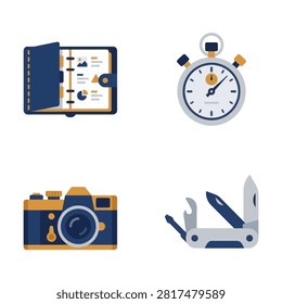 A collection of flat vector icons representing various everyday tools