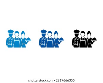 A collection of flat vector icons representing a culinary team including a professional chef in a hat and service staff holding a food platter cloche.