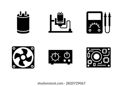 A collection of flat vector icons representing electronic components, including a capacitor, circuit board, cooling fan, multimeter, and control equipment.