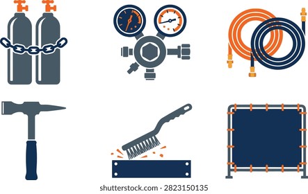 A collection of flat vector icons representing welding equipment, industrial tools, gas cylinders, pressure gauges, hoses, and safety gear.