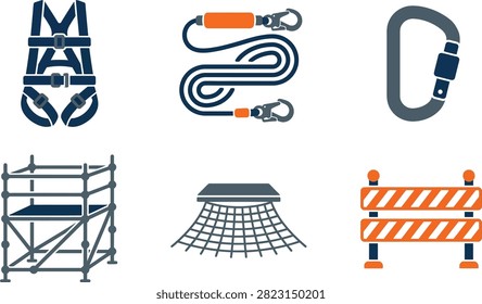 A collection of flat vector icons representing construction site safety equipment, fall protection gear, and industrial site barriers.