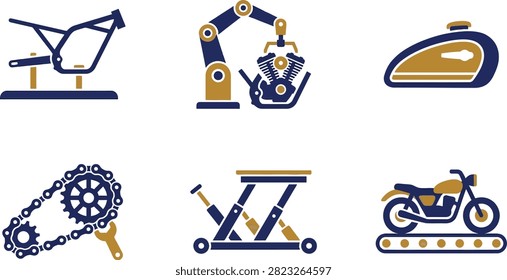 A collection of flat vector icons representing motorcycle manufacturing, assembly, and mechanical repair components.