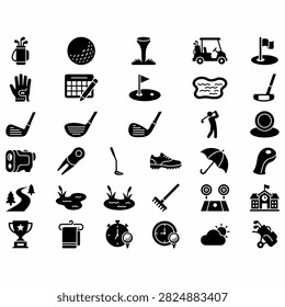 A collection of flat vector icons representing golf equipment and activities.