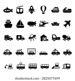 A collection of flat vector icons representing various modes of transportation, including cars, ships, airplanes, and trucks, on a white background.