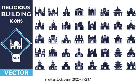 A collection of flat vector icons representing various religious buildings and places of worship.