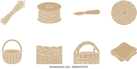 A collection of flat vector icons representing basketry, weaving, and craft materials in a minimalist beige style.