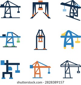 A collection of flat vector icons representing various types of industrial cranes used in construction and shipping ports.