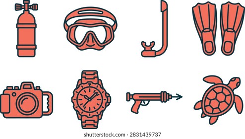 A collection of flat vector icons representing scuba diving equipment and marine life, including a tank, mask, snorkel, fins, camera, watch, speargun, and turtle.