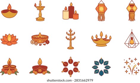 A collection of flat vector icons representing Diwali festival elements including traditional oil lamps, candles, lanterns, and decorative floral patterns.