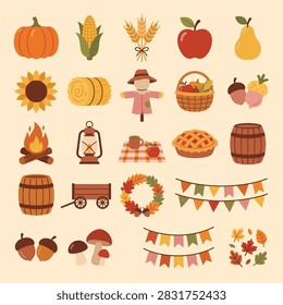 A collection of flat vector icons representing autumn season themes including harvest crops, fall foliage, holiday decorations, and rural farm life elements.