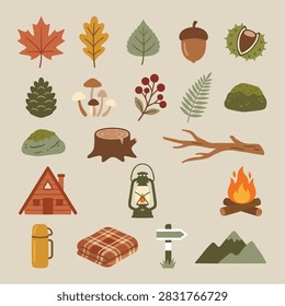 A collection of flat vector icons representing camping, hiking, and autumn forest elements on a neutral background.