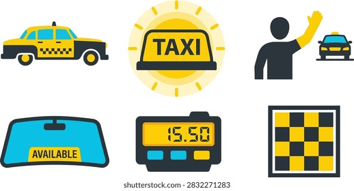 A collection of flat vector icons representing taxi services, including a car, a sign, a passenger hailing a cab, a windshield, a meter, and a checkerboard pattern.
