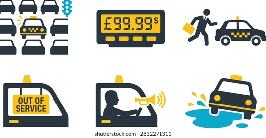 A collection of flat vector icons representing various taxi cab scenarios, including traffic, fare meters, passengers, service status, and driving.