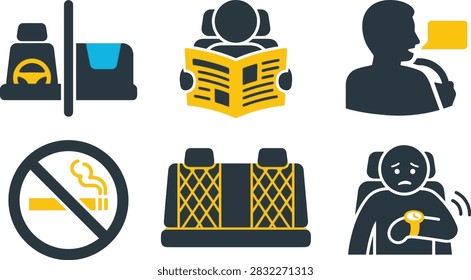 A collection of flat vector icons representing various car interior features, passenger activities, and safety regulations.