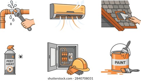 A collection of flat vector icons representing various home maintenance and repair services including plumbing, air conditioning, roofing, pest control, electrical, and painting.